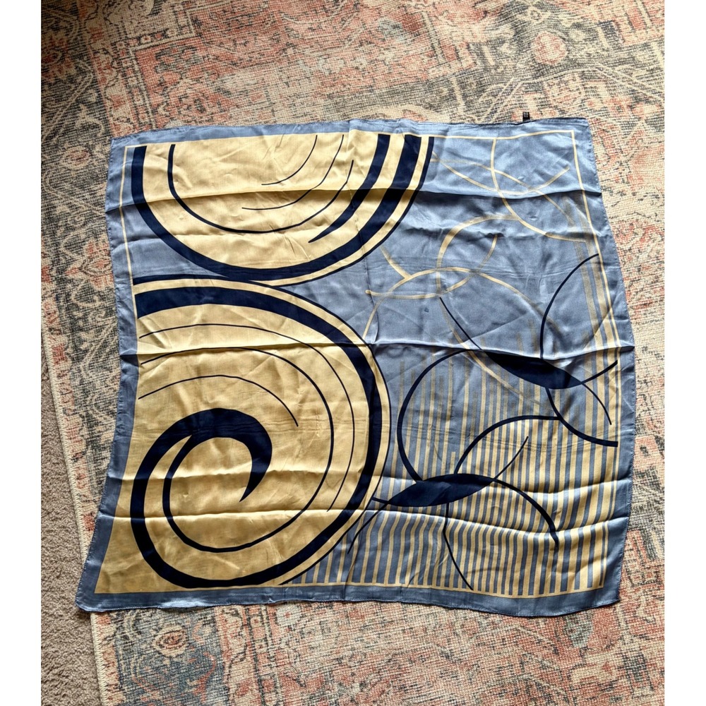 Vintage 100% Silk Blue Gold Abstract Geometric Stripe Square Head Scarf Bandana